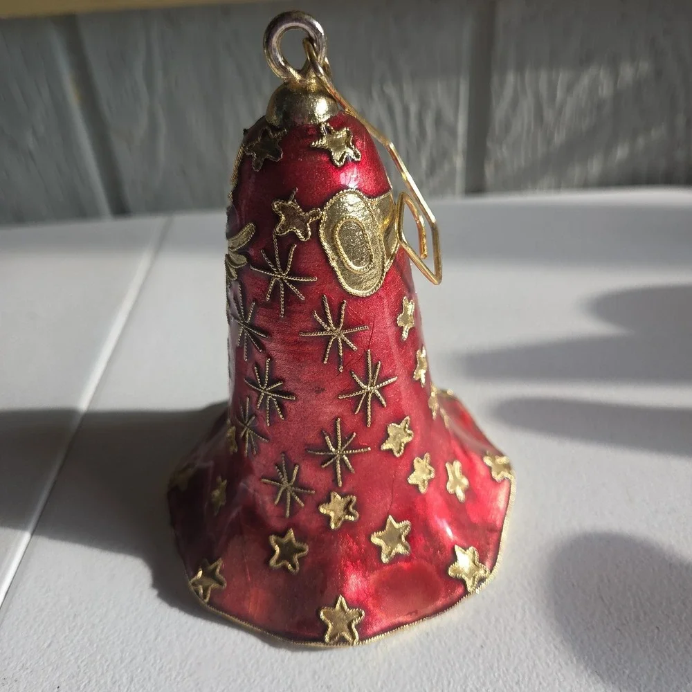 Elegant Red Gold Star Cloisonne Bell Christmas Ornament Handcrafted Vintage